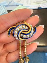Load image into Gallery viewer, Reserved Listing Remaining Payment Heavy 20K Yellow Gold Early Victorian Blue Enamel & Pearl Tassel Necklace