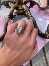 Load image into Gallery viewer, Vintage Art Deco 18K White Gold Old European Cut Three Stone Filigree Diamond Engagement Ring