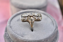 Load image into Gallery viewer, Vintage Art Deco 18K White Gold Old European Cut Three Stone Filigree Diamond Engagement Ring