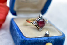 Load image into Gallery viewer, RESERVED LISTING Final PAYMENT Edwardian 18K Yellow Gold & Platinum Cabochon Ruby and Old Mine Cut Diamond Ring