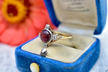 Load image into Gallery viewer, RESERVED LISTING Final PAYMENT Edwardian 18K Yellow Gold & Platinum Cabochon Ruby and Old Mine Cut Diamond Ring