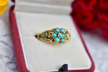 Load image into Gallery viewer, Victorian 9K Chunky Gold Halo Turquoise Flower Ring