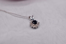 Load image into Gallery viewer, 14K White Gold Blue Sapphire and Diamond Halo Necklace