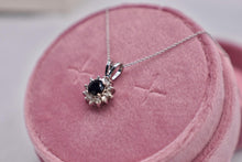 Load image into Gallery viewer, 14K White Gold Blue Sapphire and Diamond Halo Necklace