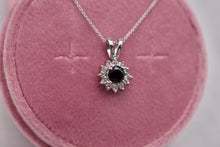 Load image into Gallery viewer, 14K White Gold Blue Sapphire and Diamond Halo Necklace