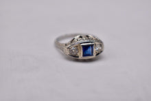 Load image into Gallery viewer, 18K White Gold Vintage Art Deco Sapphire & Diamond Three Stone High Set Ring