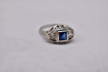 Load image into Gallery viewer, 18K White Gold Vintage Art Deco Sapphire & Diamond Three Stone High Set Ring