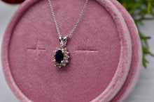 Load image into Gallery viewer, 14K White Gold Oval Blue Sapphire and Diamond Halo Necklace