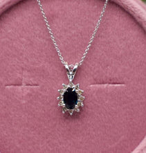 Load image into Gallery viewer, 14K White Gold Oval Blue Sapphire and Diamond Halo Necklace