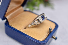 Load image into Gallery viewer, 18K White Gold Vintage Art Deco Square Sapphire & Diamond Three Stone Filigree Ring