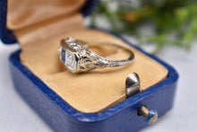 Load image into Gallery viewer, 18K White Gold Vintage Art Deco Square Sapphire & Diamond Three Stone Filigree Ring