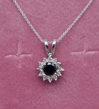 Load image into Gallery viewer, 14K White Gold Blue Sapphire and Diamond Halo Necklace