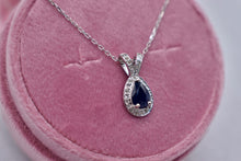 Load image into Gallery viewer, 14K White Gold Pear Shape Blue Sapphire and Diamond Halo Necklace
