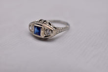 Load image into Gallery viewer, 18K White Gold Vintage Art Deco Sapphire & Diamond Three Stone High Set Ring