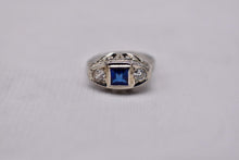Load image into Gallery viewer, 18K White Gold Vintage Art Deco Sapphire & Diamond Three Stone High Set Ring