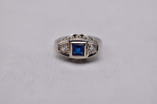 Load image into Gallery viewer, 18K White Gold Vintage Art Deco Sapphire & Diamond Three Stone High Set Ring