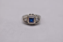 Load image into Gallery viewer, 18K White Gold Vintage Art Deco Sapphire & Diamond Three Stone High Set Ring