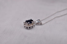 Load image into Gallery viewer, 14K White Gold Oval Blue Sapphire and Diamond Halo Necklace