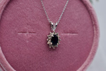 Load image into Gallery viewer, 14K White Gold Oval Blue Sapphire and Diamond Halo Necklace