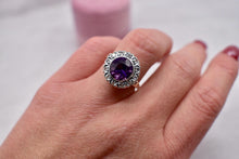 Load image into Gallery viewer, Victorian 14K Yellow Gold & Platinum Halo Old Mine Cut Diamonds and Amethyst Ring