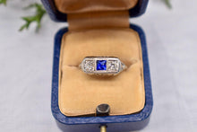 Load image into Gallery viewer, 18K White Gold Vintage Art Deco Square Sapphire & Diamond Three Stone Filigree Ring