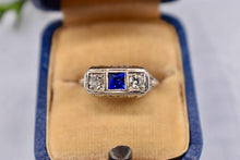 Load image into Gallery viewer, 18K White Gold Vintage Art Deco Square Sapphire & Diamond Three Stone Filigree Ring
