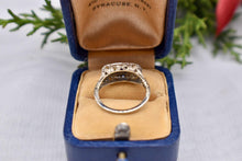 Load image into Gallery viewer, 18K White Gold Vintage Art Deco Square Sapphire & Diamond Three Stone Filigree Ring