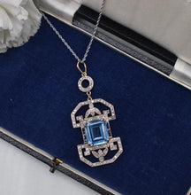 Load image into Gallery viewer, Vintage Art Deco 14K White and Yellow Gold Filigree Blue Spinel, Sapphire & Diamond Necklace