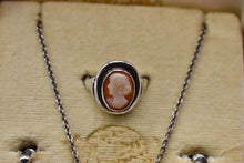 Load image into Gallery viewer, Vintage Sterling Silver Authentic Camexco Italian Cameo Jewelry Necklace, Earring & Ring Set