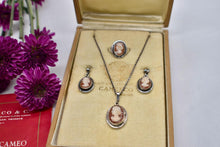 Load image into Gallery viewer, Vintage Sterling Silver Authentic Camexco Italian Cameo Jewelry Necklace, Earring & Ring Set