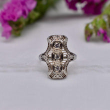Load image into Gallery viewer, Vintage Art Deco 14K White Gold Transitional Cut Three Stone Diamond Shield Style Ring