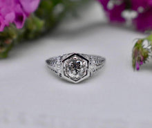 Load image into Gallery viewer, Vintage 14K White Gold Art Deco Hexagon Old European Cut Diamond Engagement Ring