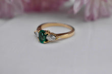 Load image into Gallery viewer, 18K Yellow Gold Vintage Oval Cut Emerald and Diamond Three Stone Ring
