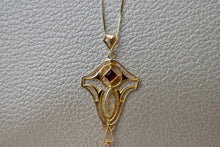 Load image into Gallery viewer, 10K & 14K Yellow Gold Victorian Pearl and Ruby Lavalier Floral Necklace