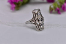 Load image into Gallery viewer, Vintage Art Deco 14K White Gold Transitional Cut Three Stone Diamond Shield Style Ring