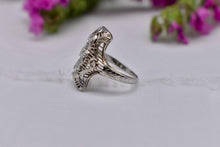 Load image into Gallery viewer, Vintage Art Deco 14K White Gold Transitional Cut Three Stone Diamond Shield Style Ring