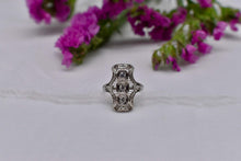 Load image into Gallery viewer, Vintage Art Deco 14K White Gold Transitional Cut Three Stone Diamond Shield Style Ring