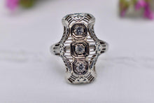Load image into Gallery viewer, Vintage Art Deco 14K White Gold Transitional Cut Three Stone Diamond Shield Style Ring