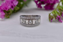 Load image into Gallery viewer, Vintage 14K White Gold Unique Emerald Cut and Round Diamond Three Row Cocktail Ring