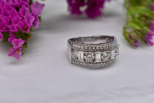 Load image into Gallery viewer, Vintage 14K White Gold Unique Emerald Cut and Round Diamond Three Row Cocktail Ring
