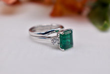 Load image into Gallery viewer, 14K White Gold Vintage Emerald Cut Emerald and Diamond Three Stone Engagement Ring Set