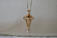 Load image into Gallery viewer, 10K & 14K Yellow Gold Victorian Pearl and Ruby Lavalier Floral Necklace