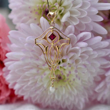Load image into Gallery viewer, 10K & 14K Yellow Gold Victorian Pearl and Ruby Lavalier Floral Necklace