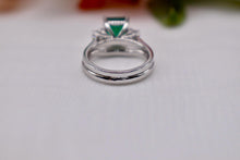 Load image into Gallery viewer, 14K White Gold Vintage Emerald Cut Emerald and Diamond Three Stone Engagement Ring Set