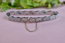 Load image into Gallery viewer, Vintage Art Deco 14 Karat Emerald & Diamond Filigree Bracelet