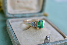 Load image into Gallery viewer, 14K Yellow Gold Vintage Emerald Cut Simulated Emerald and Natural Diamond Ring