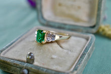Load image into Gallery viewer, 14K Yellow Gold Vintage Emerald Cut Simulated Emerald and Natural Diamond Ring
