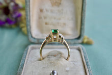 Load image into Gallery viewer, 14K Yellow Gold Vintage Emerald Cut Simulated Emerald and Natural Diamond Ring