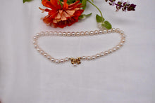 Load image into Gallery viewer, Vintage 14K Yellow Gold 16 Inch 9mm Fresh Water White Pearl & Diamond Bow Necklace Strand