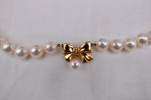Load image into Gallery viewer, Vintage 14K Yellow Gold 16 Inch 9mm Fresh Water White Pearl & Diamond Bow Necklace Strand